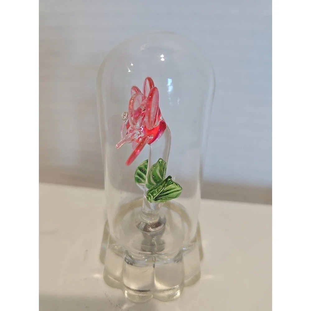 Small Mini Glass Pink Glass Flower encased in a Glass Case 3.5 inch